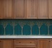 Minimalist-style ceramic tile mural featuring four stylized orange trees with a dark green trellis background
