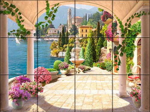 Mediterranean Tile Mural with Terrace, Fountain and Lakeside Town