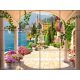Mediterranean Tile Mural with Terrace, Fountain and Lakeside Town