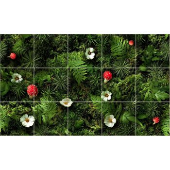 Erdei talaj mintás csempe gombákkal, virágokkal páfránnyal, mohával