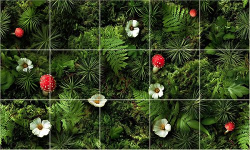 Forest floor desidned ceramic tile with moss, ferns, mushrooms