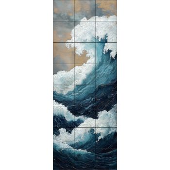 Tengeri hullámokat ábrázoló kerámia csempekép – kék és fehér habokkal, arany háttérrel Tengeri hullámokat ábrázoló kerámia csempekép – kék és fehér habokkal, arany háttérrel