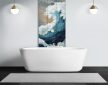 ceramic tile mural showing crashing ocean waves in blue and white with golden sky