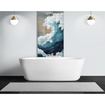 ceramic tile mural showing crashing ocean waves in blue and white with golden sky