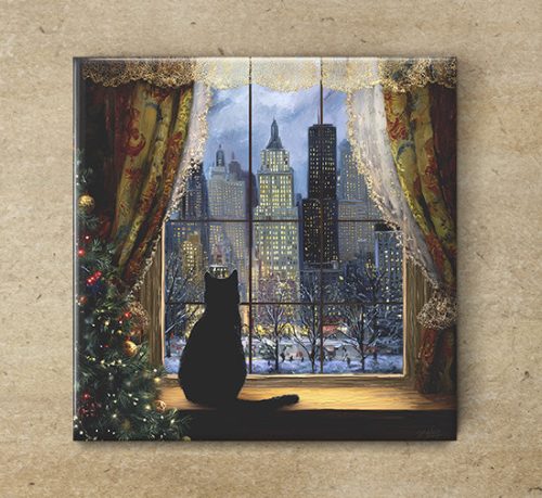 Ceramic tile trivet - winter window qith cat