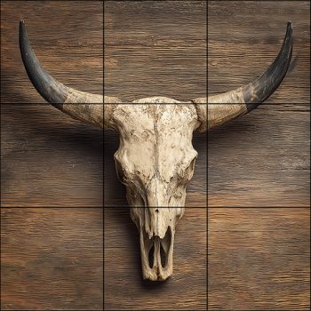 Tile mural with longhorn skull and wooden background