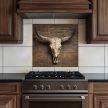 Tile mural with longhorn skull and wooden background