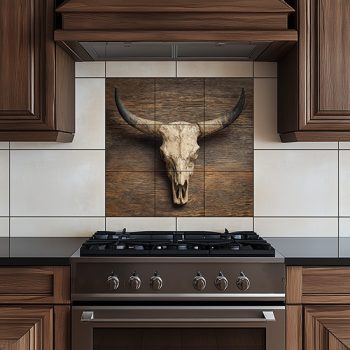 Tile mural with longhorn skull and wooden background