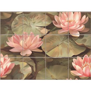 Decorative ceramic tile mural with pink water lilies and green lily pads on a tranquil water background Decorative ceramic tile mural with pink water lilies and green lily pads on a tranquil water background