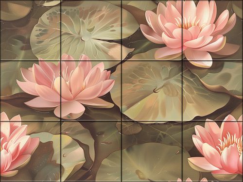 Decorative ceramic tile mural with pink water lilies and green lily pads on a tranquil water background