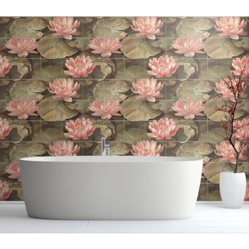 Rózsaszín vízi liliomok és zöld tavirózsalevelek mintás dekorcsempe