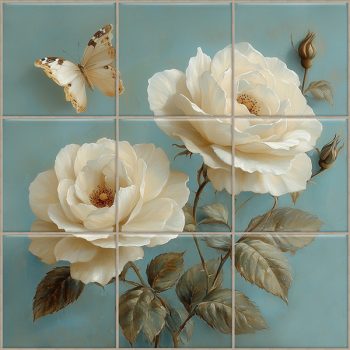 White rose and butterfly ceramic tile mural for vintage interiors White rose and butterfly ceramic tile mural for vintage interiors
