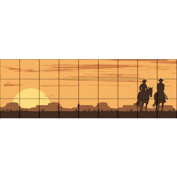 silhouetted cowboys on horses at sunset with desert background – western ceramic tile mural silhouetted cowboys on horses at sunset with desert background – western ceramic tile mural
