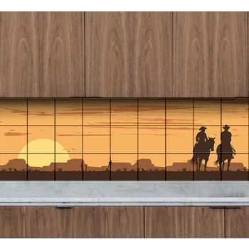 silhouetted cowboys on horses at sunset with desert background – western ceramic tile mural