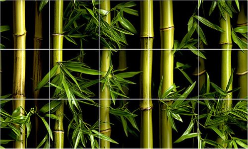 Tile mural with vibrant bamboo stalks and natural green leaves