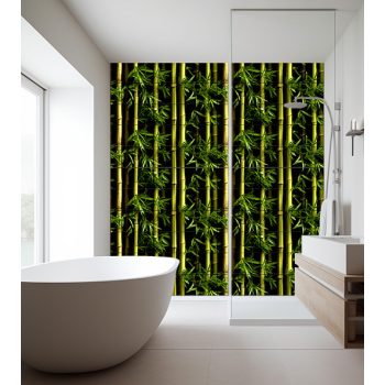 Tile mural with vibrant bamboo stalks and natural green leaves