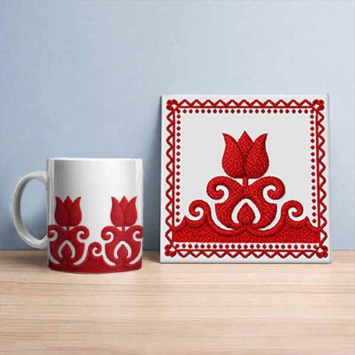Hungarian pattern tile trivet and ceramic mug with colorful Hungarian folk tulip motifs