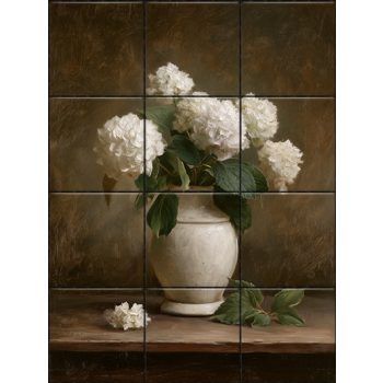 white hydrangeas ceramic tile mural – floral vase tile mural with white flowers and brown background white hydrangeas ceramic tile mural – floral vase tile mural with white flowers and brown background