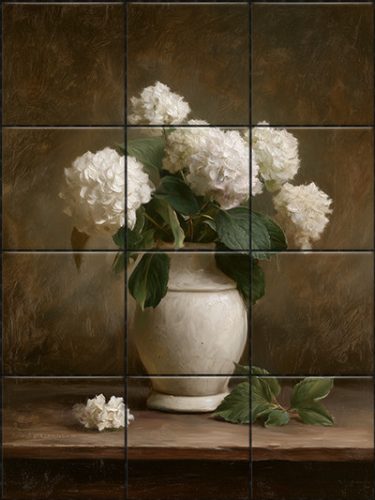 white hydrangeas ceramic tile mural – floral vase tile mural with white flowers and brown background