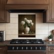 white hydrangeas ceramic tile mural – floral vase tile mural with white flowers and brown background