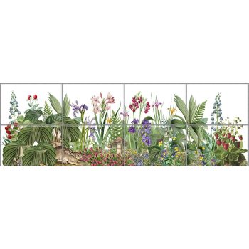 Tile mural with rabbits, forest strawberries, ferns, irises and mushrooms Tile mural with rabbits, forest strawberries, ferns, irises and mushrooms