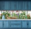 Tile mural with rabbits, forest strawberries, ferns, irises and mushrooms