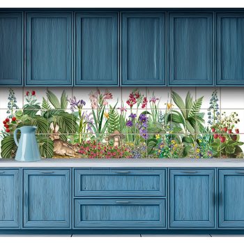 Tile mural with rabbits, forest strawberries, ferns, irises and mushrooms