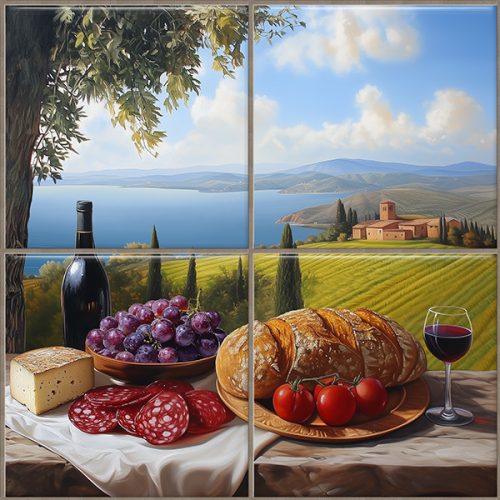 Ceramic tile mural with Tuscan landscape, bread, wine, grapes, cheese and tomatoes on a table