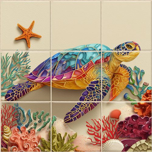 Decorative tile with colorful sea turtle and coral reef design