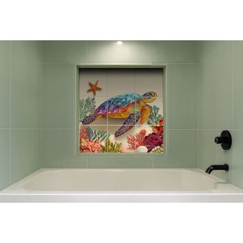Decorative tile with colorful sea turtle and coral reef design