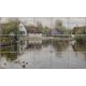 Tile mural with countryside lake scene, ducks, geese, and rustic cottages