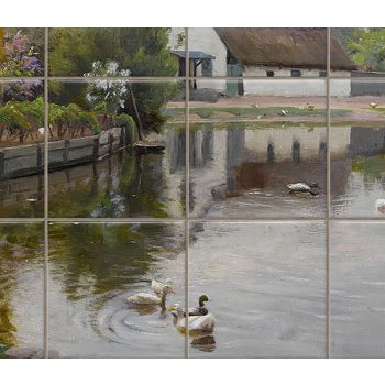 Tile mural with countryside lake scene, ducks, geese, and rustic cottages