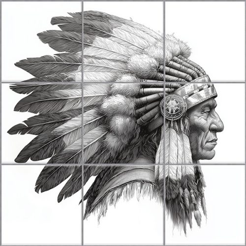 Native American man on horseback by the lake – western-style ceramic tile mural