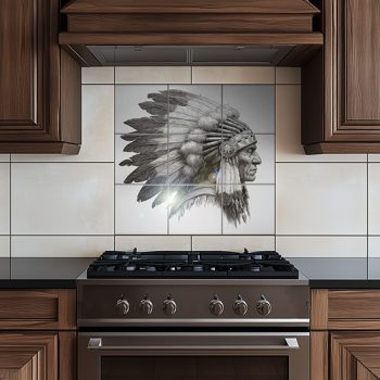 Native American man on horseback by the lake – western-style ceramic tile mural