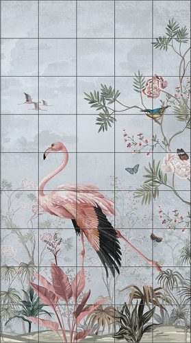 Flamingos and tropical birds among pastel plants – elegant tile mural