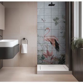 Flamingos and tropical birds among pastel plants – elegant tile mural