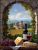Ceramic tile with wine, grapes, cheese and Tuscan countryside with church and vineyards