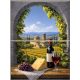Ceramic tile with wine, grapes, cheese and Tuscan countryside with church and vineyards