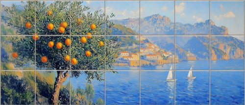 Mediterranean Tile Mural – Orange Tree & Seaside Town