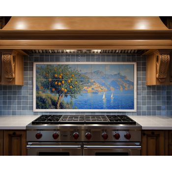 Mediterranean Tile Mural – Orange Tree & Seaside Town