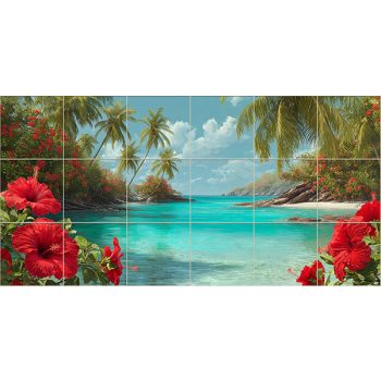 Caribbean tile mural with red hibiscus flowers, turquoise sea and palm trees Caribbean tile mural with red hibiscus flowers, turquoise sea and palm trees