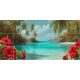 Caribbean tile mural with red hibiscus flowers, turquoise sea and palm trees