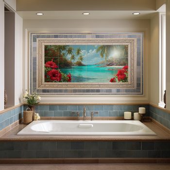 Caribbean tile mural with red hibiscus flowers, turquoise sea and palm trees