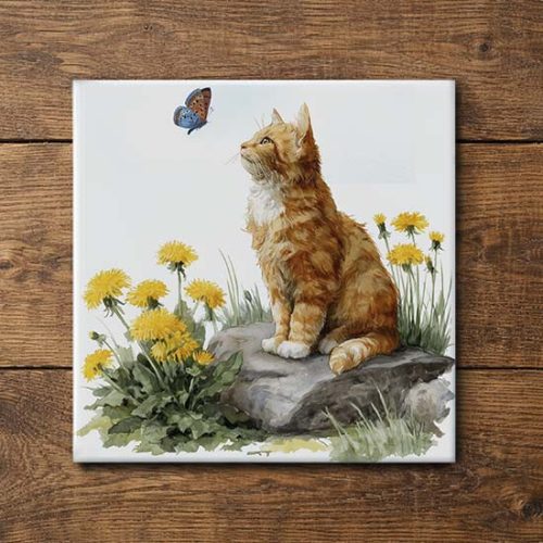 Cat with butterfly and dandelion - ceramic tile trivet