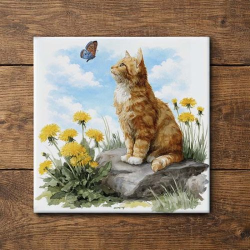 Cat with butterfly and dandelion - ceramic tile trivet