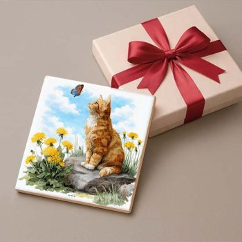 Cat with butterfly and dandelion - ceramic tile trivet
