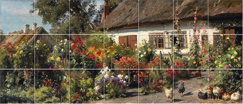 cottage garden with flowers and chickens – kitchen tiles