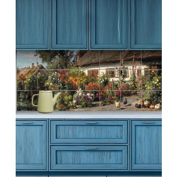 cottage garden with flowers and chickens – kitchen tiles