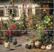 cottage garden with flowers and chickens – kitchen tiles