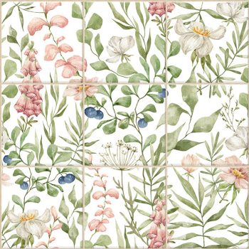Watercolor botanical tile mural with green leaves, pink and white flowers, and small berries